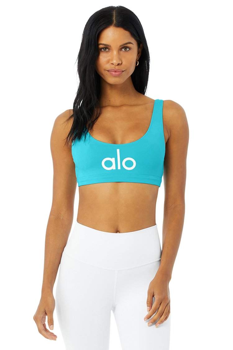 Alo Yoga Ambient Logo Bra in Aqua