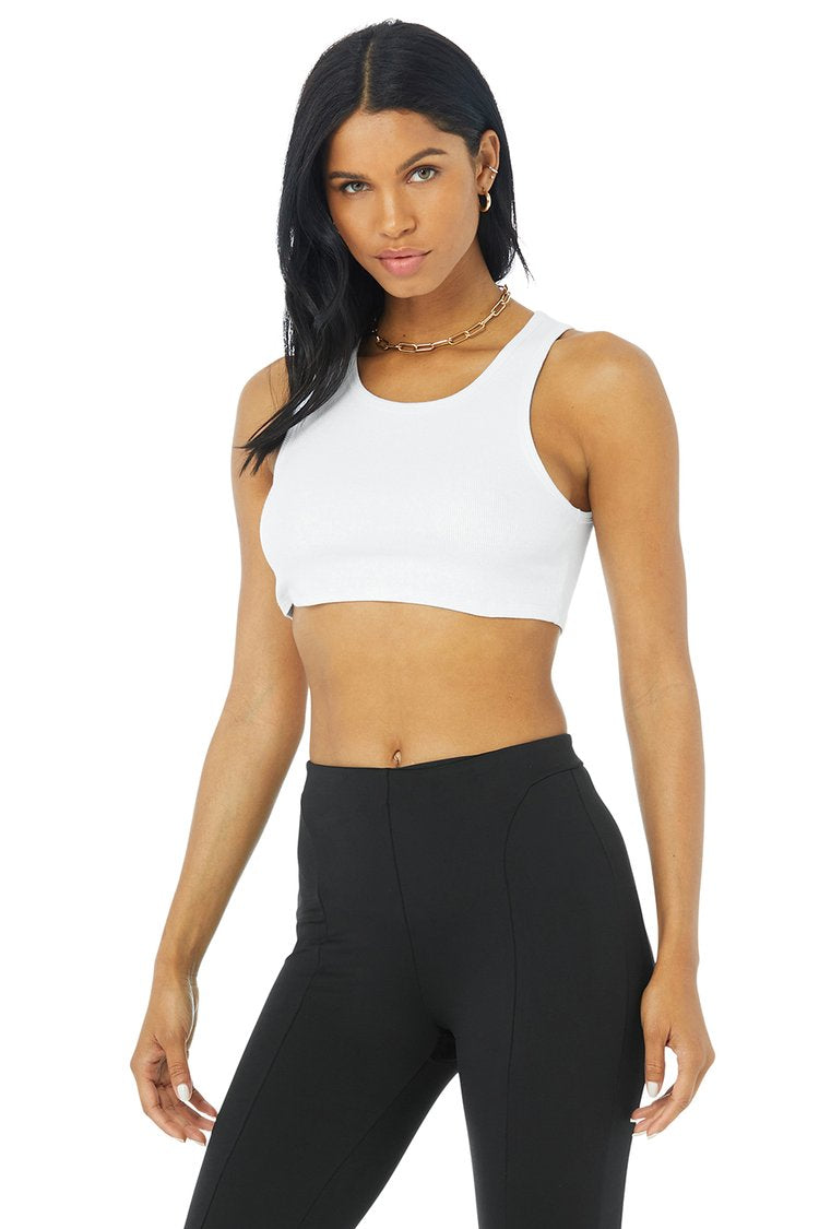 Ribbed Crop Whisper Bra Tank Top in White by Alo Yoga