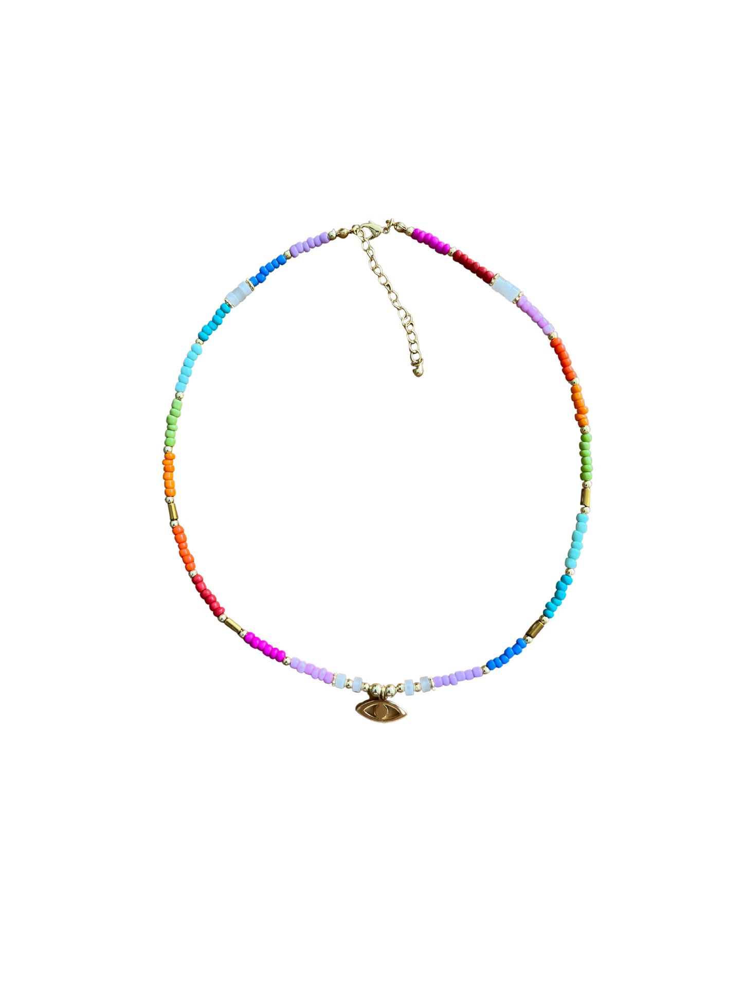 See No Evil Evil Eye Heart Charm Rainbow Bead Necklace Choker oleh Yoga Republik