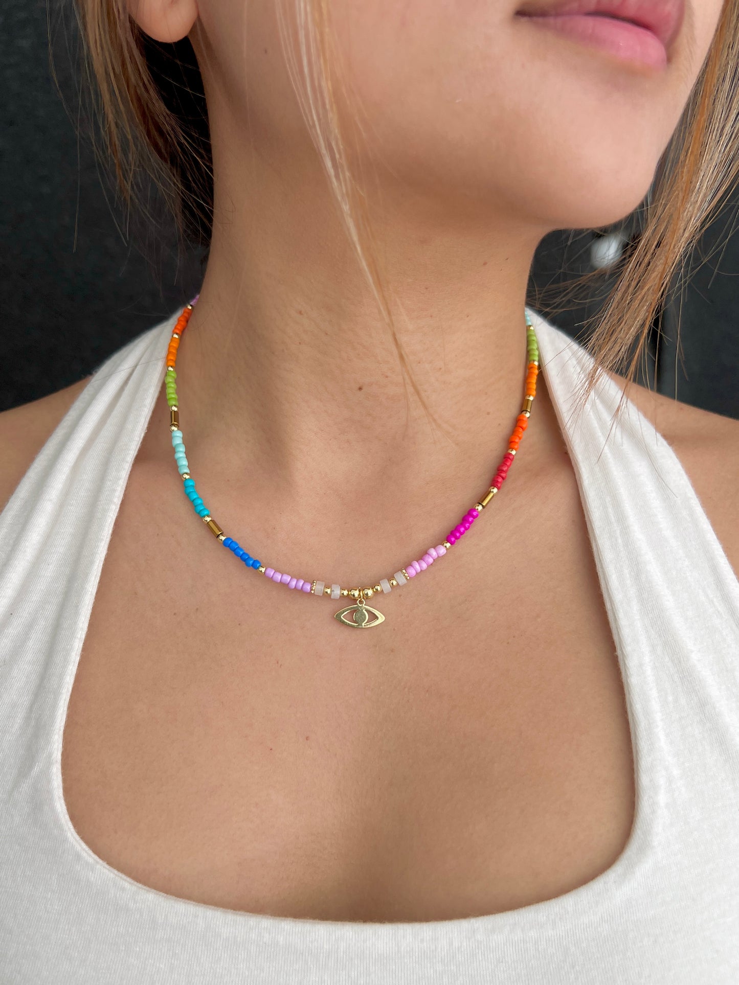 See No Evil Evil Eye Heart Charm Rainbow Bead Necklace Choker by Yoga Republik