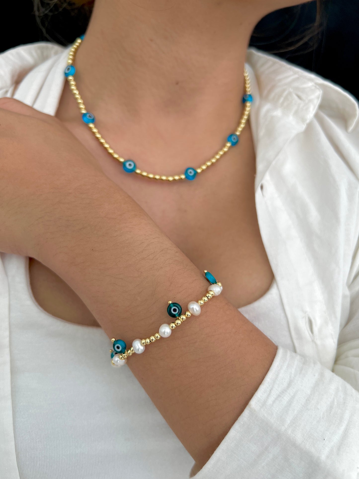 See No Evil Evil Eye Charm Gold Beads Bracelet by Yoga Republik