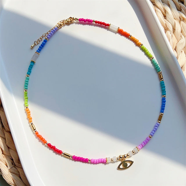 See No Evil Evil Eye Heart Charm Rainbow Bead Necklace Choker oleh Yoga Republik