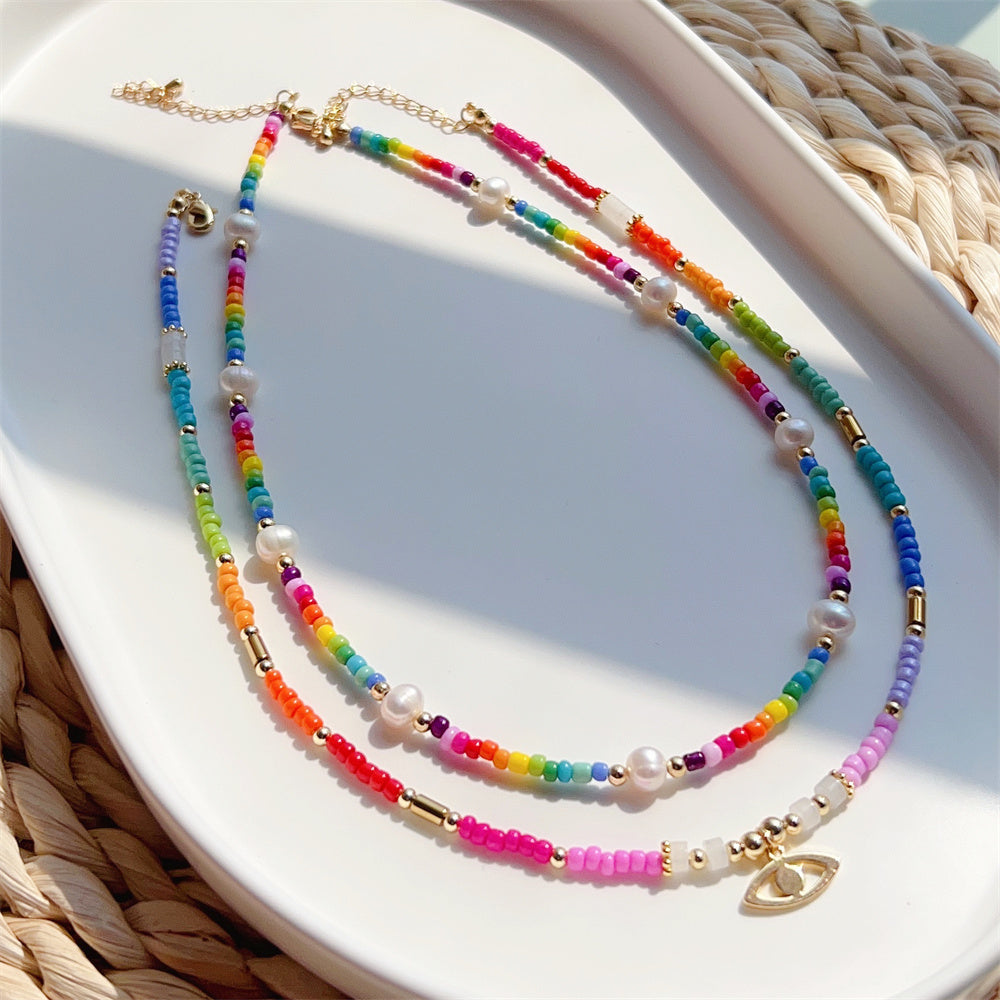 See No Evil Evil Eye Heart Charm Rainbow Bead Necklace Choker by Yoga Republik