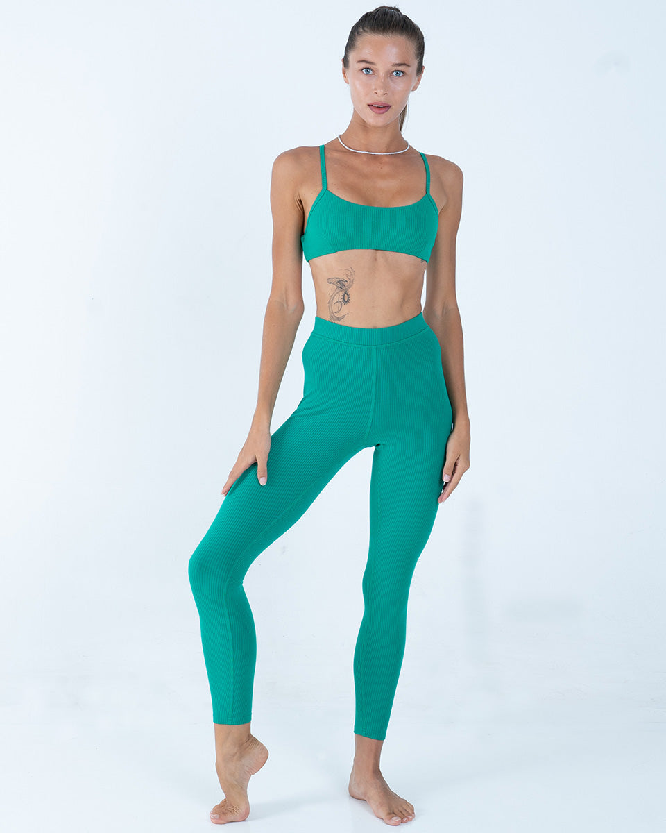 Alo Yoga XXS Ribbed High-Waist 7/8 Blissful Legging - Green Emerald