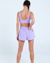 Load image into Gallery viewer, Alo Yoga SMALL Ambient Logo Bra - Violet Skies/White
