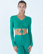 Load image into Gallery viewer, Alo Yoga XS Ribbed Cinch Cropped Long Sleeve - Green Emerald
