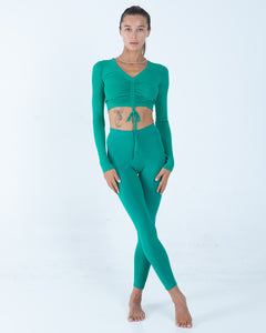 Alo Yoga XS Ribbed Cinch Cropped Long Sleeve - Green Emerald