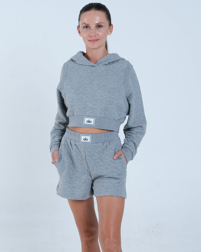 Alo Yoga XS Quilted Cropped Arena Hoodie - Athletic Heather Grey