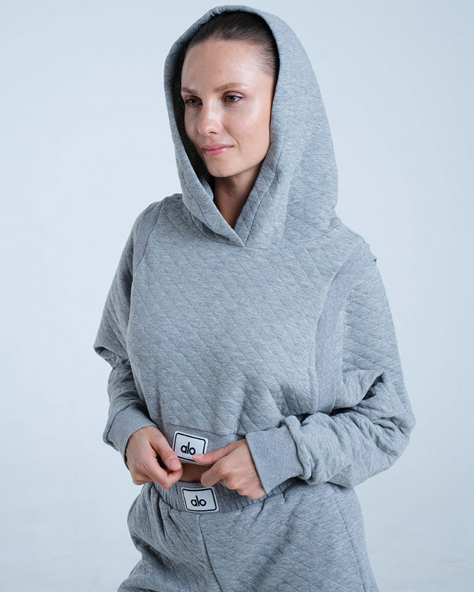 Alo Yoga XS Quilted Cropped Arena Hoodie - Atletik Heather Grey