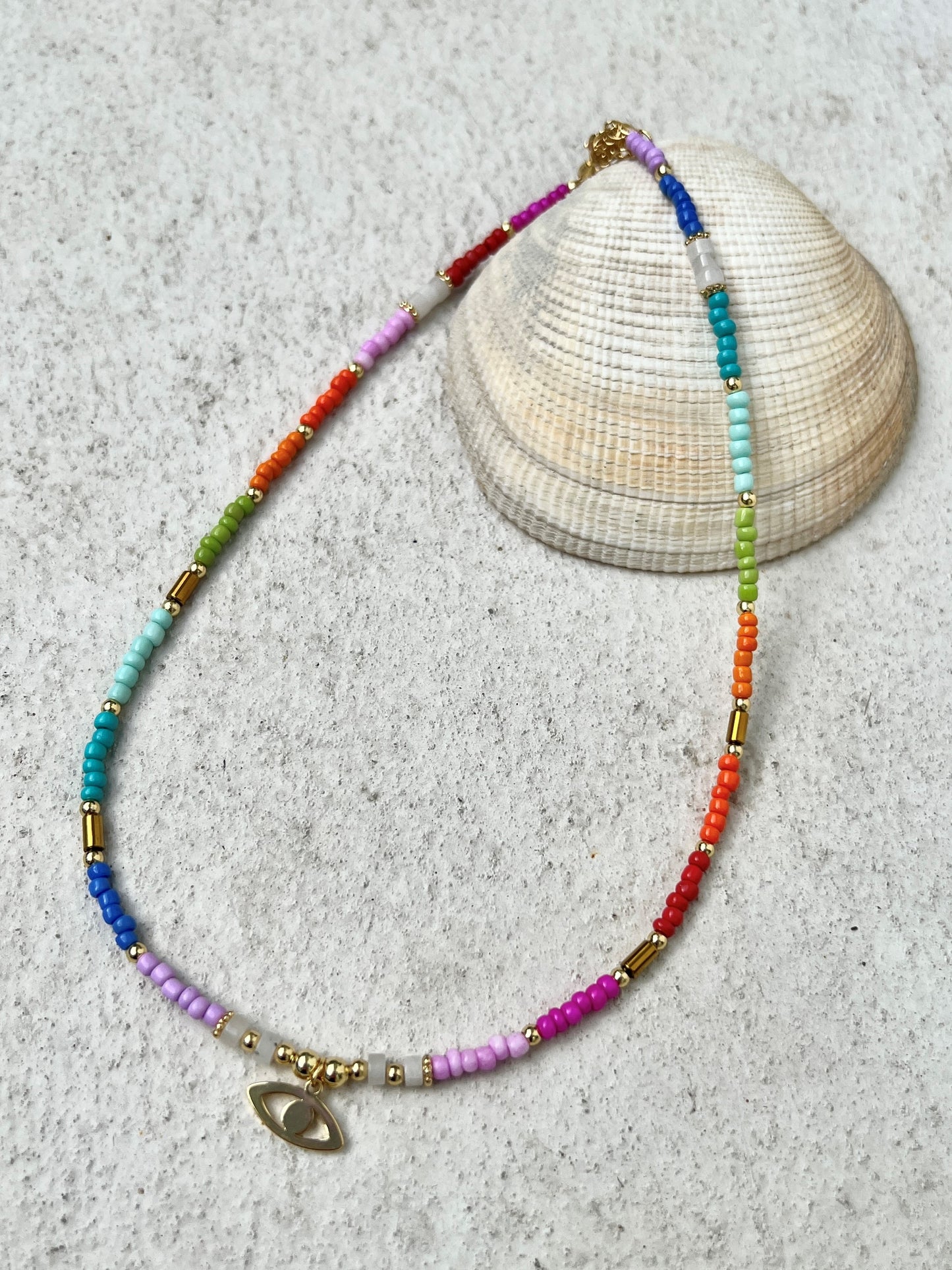 See No Evil Evil Eye Heart Charm Rainbow Bead Necklace Choker by Yoga Republik