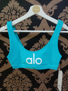 Alo Yoga XS Ambient Logo Bra - Bright Aqua/White