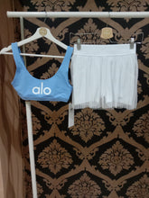 Load image into Gallery viewer, Alo Yoga XS Ambient Logo Bra - Tile Blue/White
