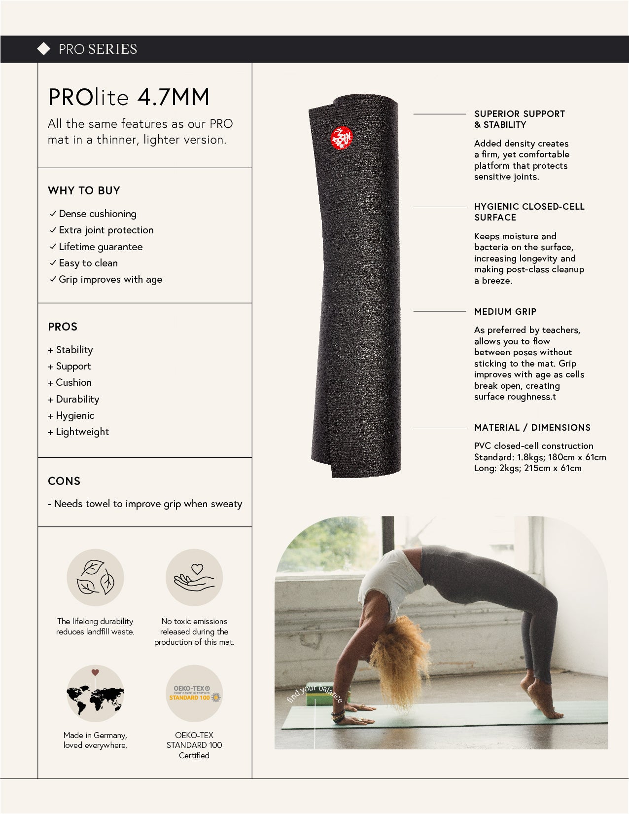 Manduka Prolite 71" Yoga Mat 4.7mm - Hitam