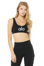 Load image into Gallery viewer, Alo Yoga SMALL Ambient Logo Bra - Black/Alo/White
