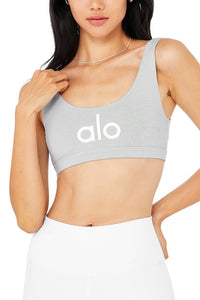 Alo Yoga SMALL Ambient Logo Bra - Athletic Heather Grey/White