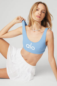 Alo Yoga XS Ambient Logo Bra - Tile Blue/White