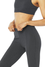 Load image into Gallery viewer, Alo Yoga SMALL High-Waist Pinstripe Zip It Flare Legging - Anthracite/Black
