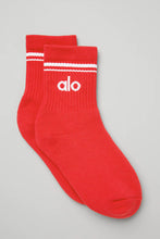 Load image into Gallery viewer, Alo Yoga MEDIUM Unisex Half-Crew Throwback Sock - Red Hot Summer/White

