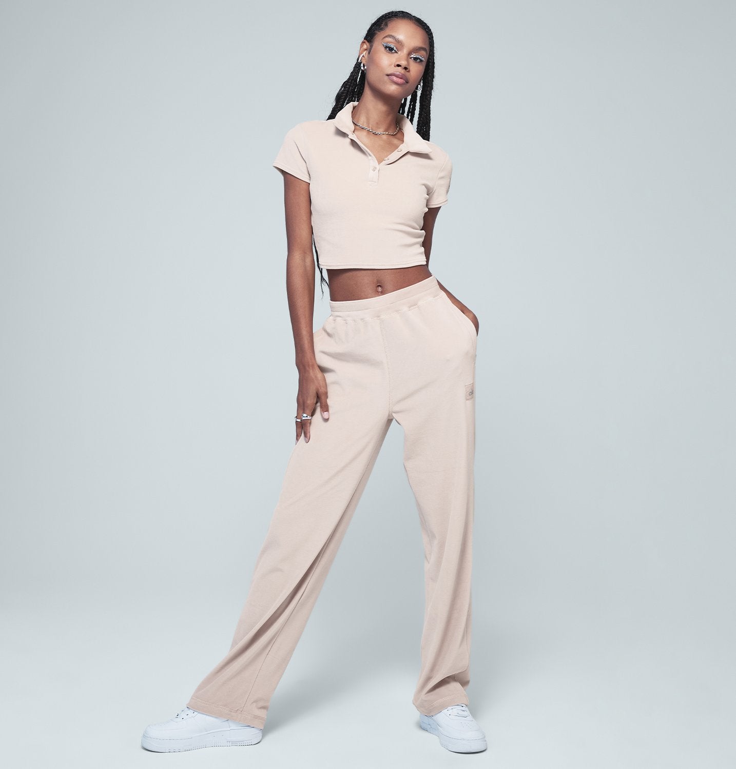 Dusty pink trousers made of slightly elastic fabric with a flared cut and  high waist - StarShinerS