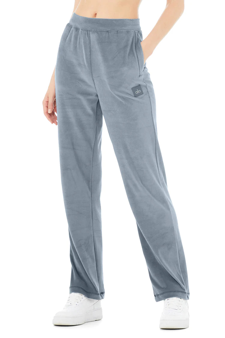 Alo Yoga XS Velour Celana Kaki Lebar Berkilau Pinggang Tinggi - Biru Baja