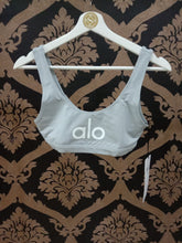 Load image into Gallery viewer, Alo Yoga SMALL Ambient Logo Bra - Athletic Heather Grey/White

